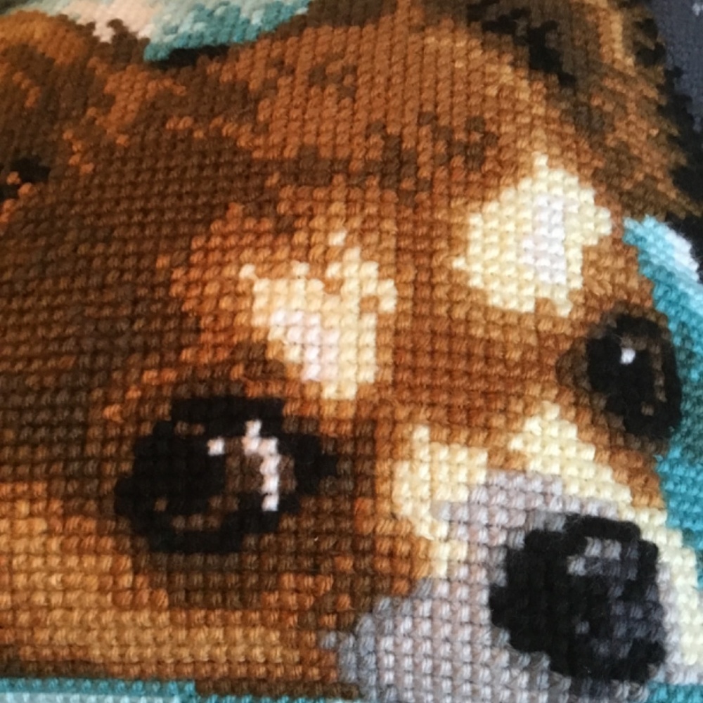 Handmade Yarn Cross Stitched Chihuahua Face Pillow - Picture 2 of 7
